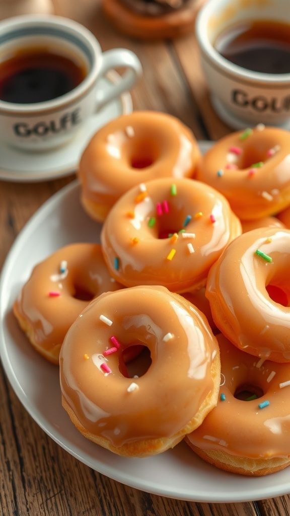 A plate of classic glazed donuts with sprinkles on a wooden table beside a cup of coffee.